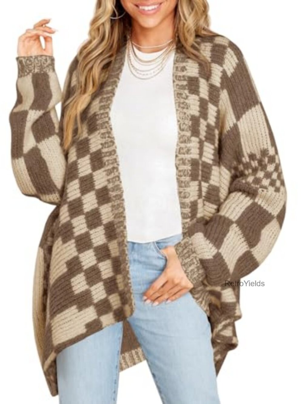 Oversized Checkered Cardigan Sweater Long Sleeve Knit